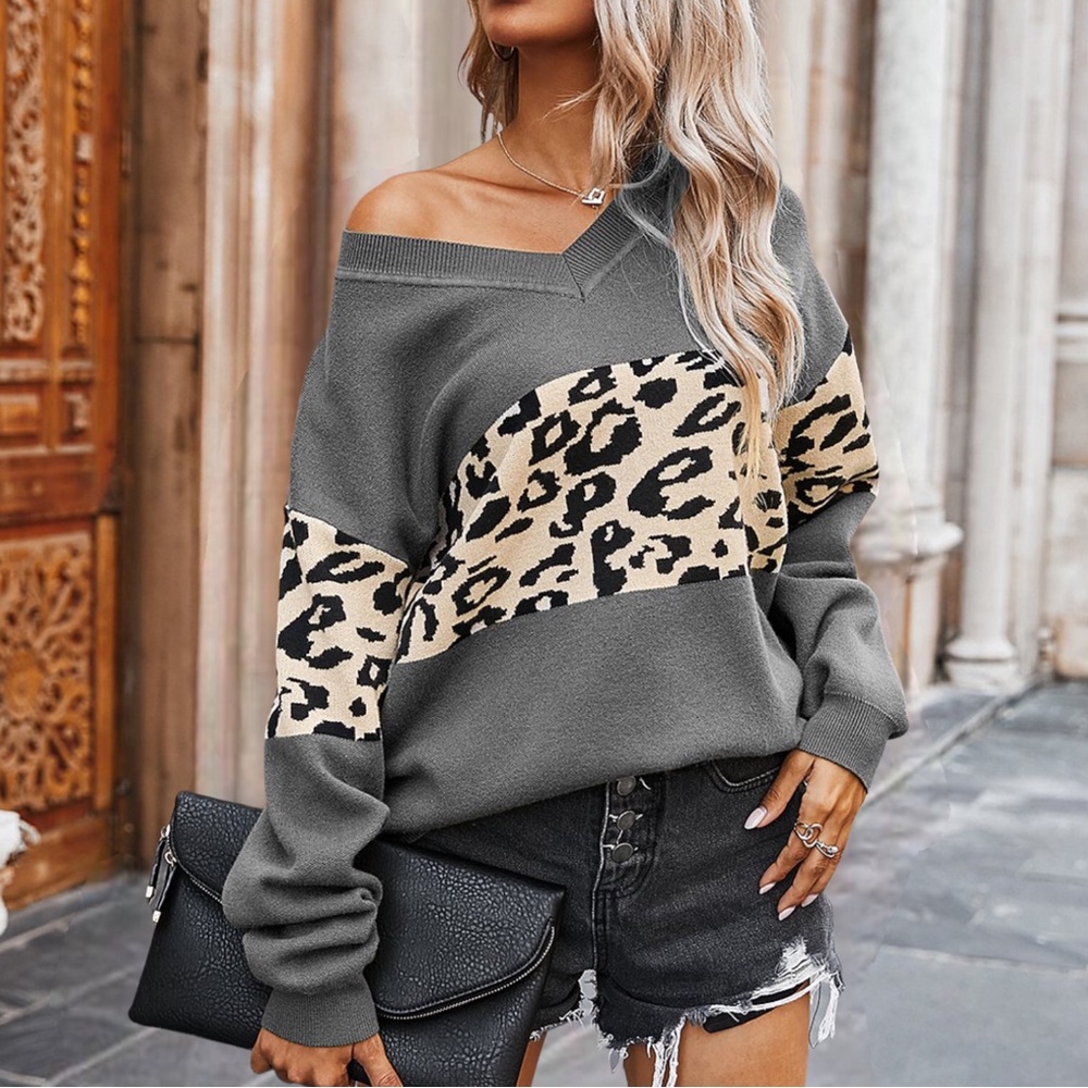 Gray Leopard Color Block V Neck Oversized Sweater sz S-2-4